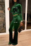 Ink Green Fashion Casual Letter Embroidery Solid Color Zipper Collar Long Sleeve Two Pieces