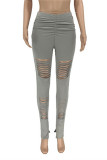 Grey Fashion Casual Solid Ripped Slit Skinny High Waist Pencil Trousers