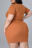 Brown Sexy Casual Plus Size Solid Hollowed Out Slit O Neck Short Sleeve Dress