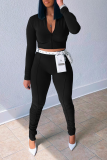 Blue Sexy Solid Patchwork Zipper Collar Long Sleeve Two Pieces