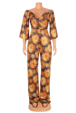 Tangerine Red Sexy Print Patchwork V Neck Boot Cut Jumpsuits without belt
