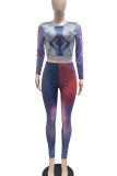 Fuchsia Street Print Patchwork O Neck Long Sleeve Two Pieces