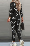 Pink Casual British Style Letter Print Patchwork O Neck Long Sleeve Two Pieces