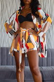 Multicolor Fashion Casual Print Cardigan Turndown Collar Long Sleeve Two Pieces