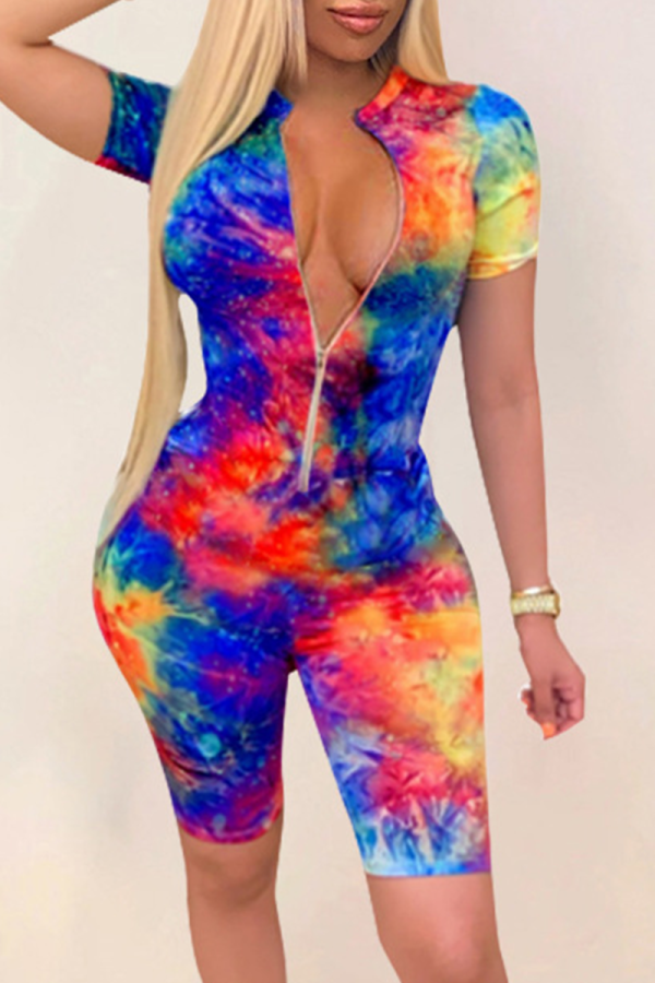 Blue Sexy Striped Tie-dye Zipper Collar Skinny Rompers