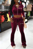 Burgundy Fashion Casual Letter Embroidery Solid Color Zipper Collar Long Sleeve Two Pieces