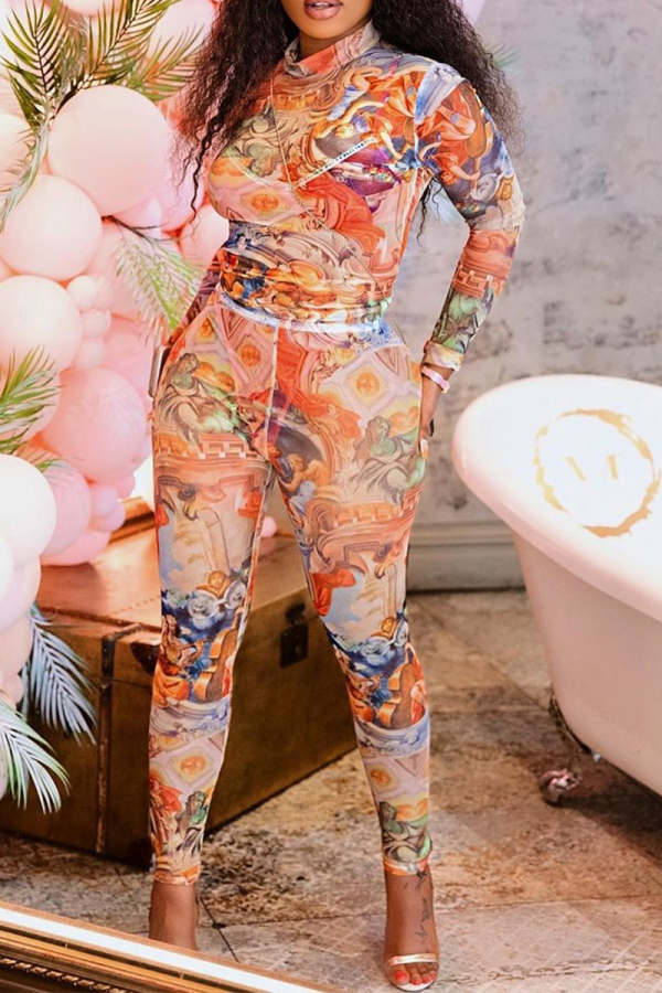 Orange Sexy Print Patchwork Hooded Collar Long Sleeve Two Pieces