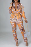 Yellow Casual Print Patchwork Buckle Turndown Collar Long Sleeve Two Pieces