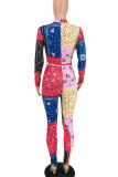 Multicolor Sexy Print Hollowed Out Patchwork Frenulum O Neck Skinny Jumpsuits