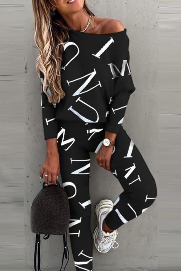 Black Casual British Style Letter Print Patchwork O Neck Long Sleeve Two Pieces