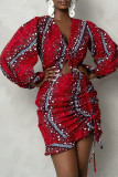 Red Casual Print Patchwork Draw String Flounce Fold Asymmetrical V Neck Long Sleeve Two Pieces