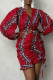 Red Casual Print Patchwork Draw String Flounce Fold Asymmetrical V Neck Long Sleeve Two Pieces