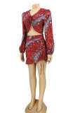 Red Casual Print Patchwork Draw String Flounce Fold Asymmetrical V Neck Long Sleeve Two Pieces