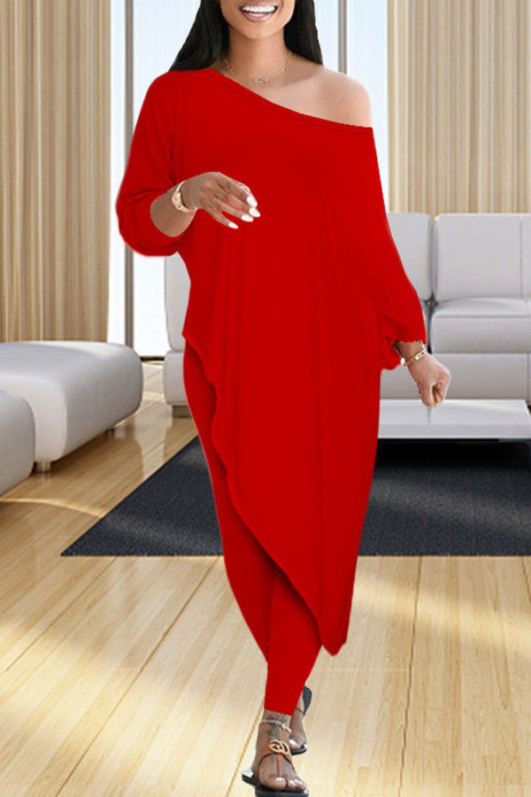 Red Casual Solid Patchwork Asymmetrical Off the Shoulder Three Quarter Two Pieces