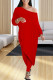 Red Casual Solid Patchwork Asymmetrical Off the Shoulder Three Quarter Two Pieces