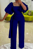 Dark Blue Casual Solid Make Old Square Collar Straight Jumpsuits