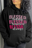 Black Fashion Casual Letter Print Basic Hooded Collar Tops