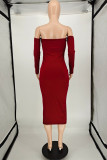 Burgundy Sexy Solid Backless Off the Shoulder Long Sleeve Dresses