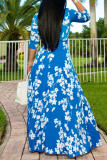 Colorful Blue Fashion Casual Print Basic V Neck Long Dress