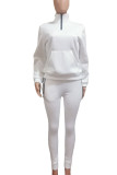 White Casual Solid Patchwork Pocket Zipper Collar Long Sleeve Two Pieces