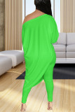 Fluorescent Green Casual Solid Patchwork Asymmetrical Off the Shoulder Three Quarter Two Pieces