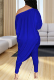 Deep Blue Casual Solid Patchwork Asymmetrical Off the Shoulder Three Quarter Two Pieces