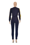 Deep Blue Casual Print Patchwork O Neck Long Sleeve Two Pieces