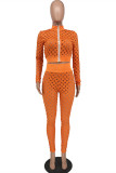 Orange Fashion Sexy Solid Hollowed Out See-through Zipper Collar Long Sleeve Two Pieces