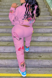 Pink Casual Print Patchwork Hooded Collar Long Sleeve Two Pieces