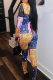 Multicolor Sexy Print Hollowed Out Patchwork Frenulum O Neck Skinny Jumpsuits