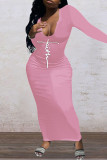Pink Sexy Print Patchwork U Neck One Step Skirt Dresses