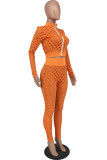 Orange Fashion Sexy Solid Hollowed Out See-through Zipper Collar Long Sleeve Two Pieces