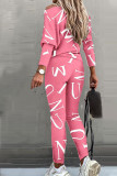 Pink Casual British Style Letter Print Patchwork O Neck Long Sleeve Two Pieces