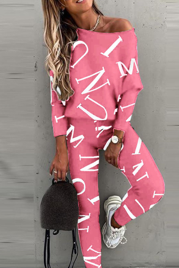 Pink Casual British Style Letter Print Patchwork O Neck Long Sleeve Two Pieces