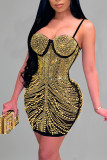 Gold Sexy Solid Patchwork Hot Drill Spaghetti Strap Sling Dress Dresses