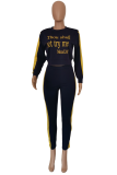 Deep Blue Casual Print Patchwork O Neck Long Sleeve Two Pieces