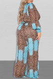 Blue Casual Print Bandage Split Joint With Belt V Neck Straight Jumpsuits