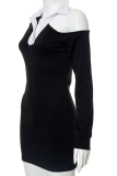 Black Casual Solid Patchwork Turndown Collar Pencil Skirt Dresses