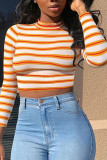 Red Casual Striped Print Patchwork O Neck Tops