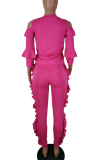 Rose Red Casual Solid Flounce O Neck Long Sleeve Two Pieces