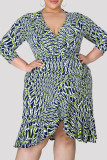 Gray Blue Fashion Casual Print Asymmetrical V Neck Long Sleeve Plus Size Dresses