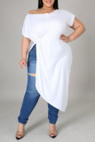 White Fashion Casual Solid Asymmetrical O Neck Plus Size Tops