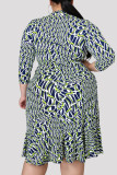 Gray Blue Fashion Casual Print Asymmetrical V Neck Long Sleeve Plus Size Dresses