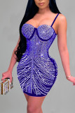 Blue Sexy Solid Patchwork Hot Drill Spaghetti Strap Sling Dress Dresses