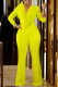 Yellow Casual Solid Patchwork V Neck Boot Cut Jumpsuits
