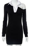 Black Casual Solid Patchwork Turndown Collar Pencil Skirt Dresses
