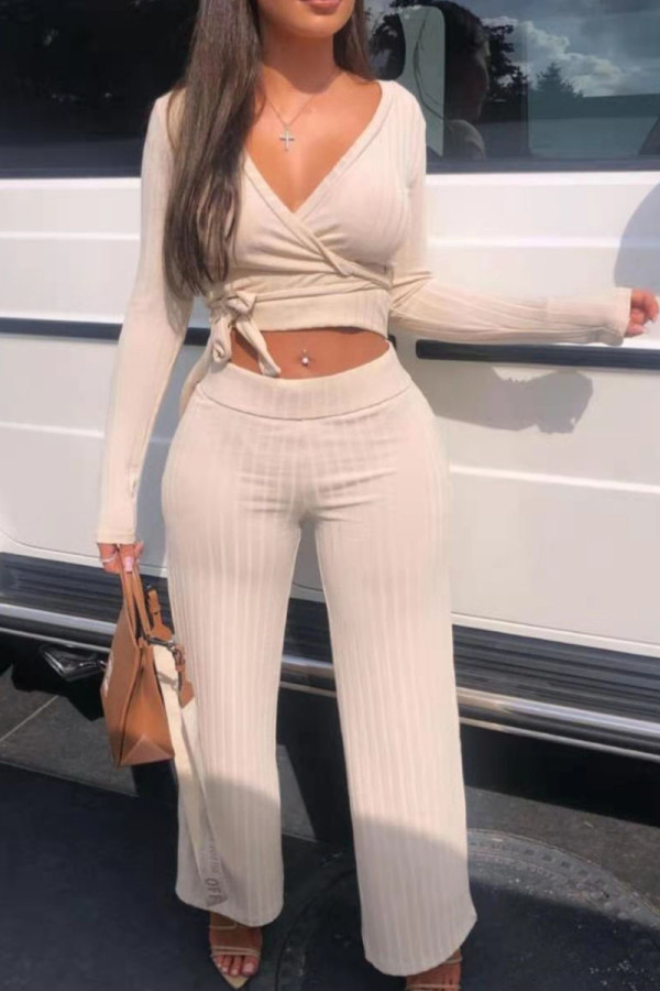 Cream White Casual Solid Patchwork Frenulum V Neck Long Sleeve Two Pieces