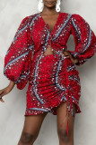Red Casual Print Patchwork Draw String Flounce Fold Asymmetrical V Neck Long Sleeve Two Pieces