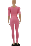 Pink Casual Solid Patchwork U Neck Short Sleeve Two Pieces