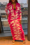 Rose Red Sexy Print Patchwork Turndown Collar Pencil Skirt Dresses